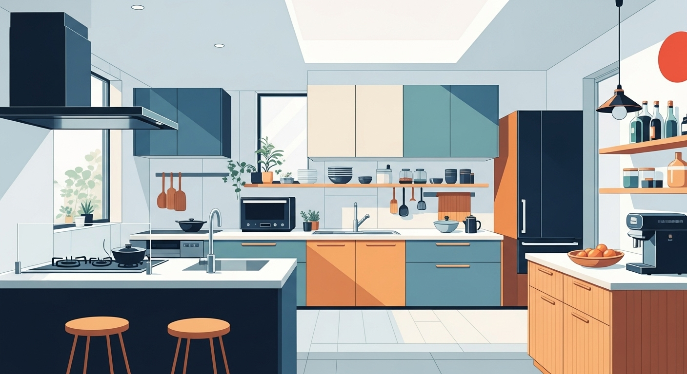 Thiết Kế Phòng Bếp Phong Cách Nhật Bản Hiện Đại: Nơi Tinh Hoa Giao Thoa Tiện Nghi 1 Một căn bếp hiện đại phong cách Nhật Bản với nội thất đơn giản, màu sắc trung tính và ánh sáng tự nhiên, mang lại không gian thoáng đãng và gần gũi với thiên nhiên.